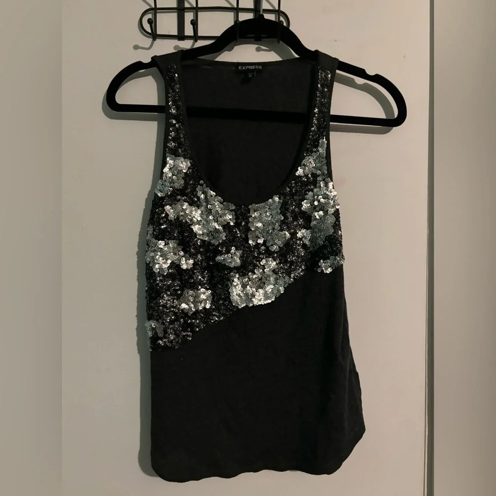 Express Womens Gray Multicolored Sequin Raceback‎ Tank size XS Stretch Silver